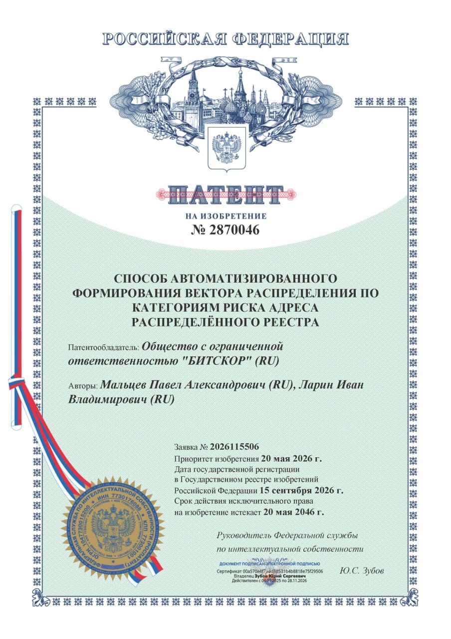 Патент РФ № 2870046 на изобретение «Способ автоматизированного формирования вектора распределения по категориям риска адреса распределённого реестра»